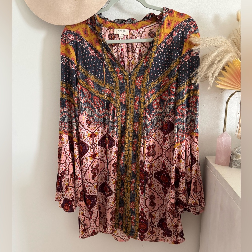 Umgee Bohemian Patterned Bell Sleeve Mini Dress - Picture 2 of 4